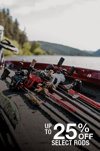 Low close shot image of reels on deck of boat. Text reads "upto 25% off select rods."